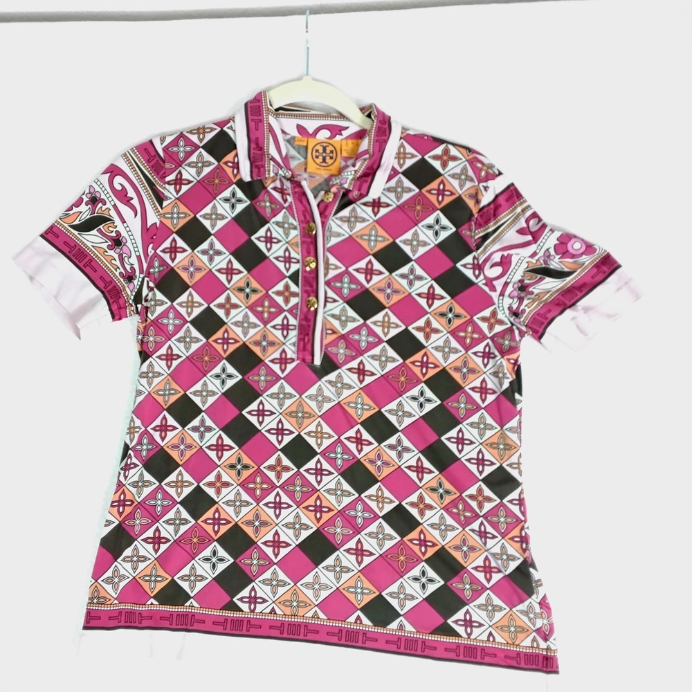 Tory Burch Womens Medium 100% Silk T Monogram Polo Shirt Pink Geometric Logo
